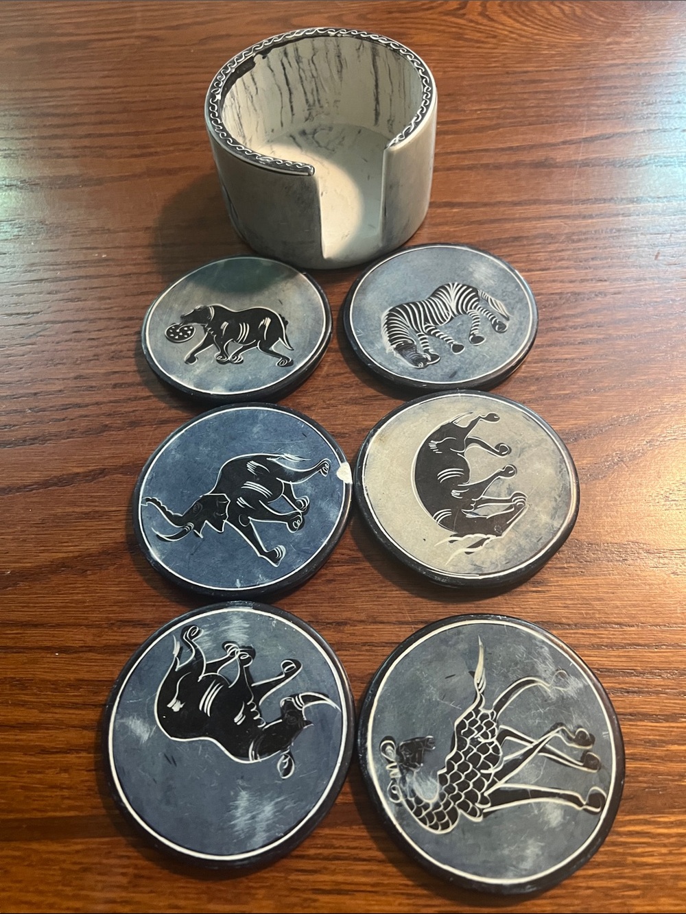 Vintage • Soapstone Set of 6 Coasters + Holder • Animals • Blue, Black, White